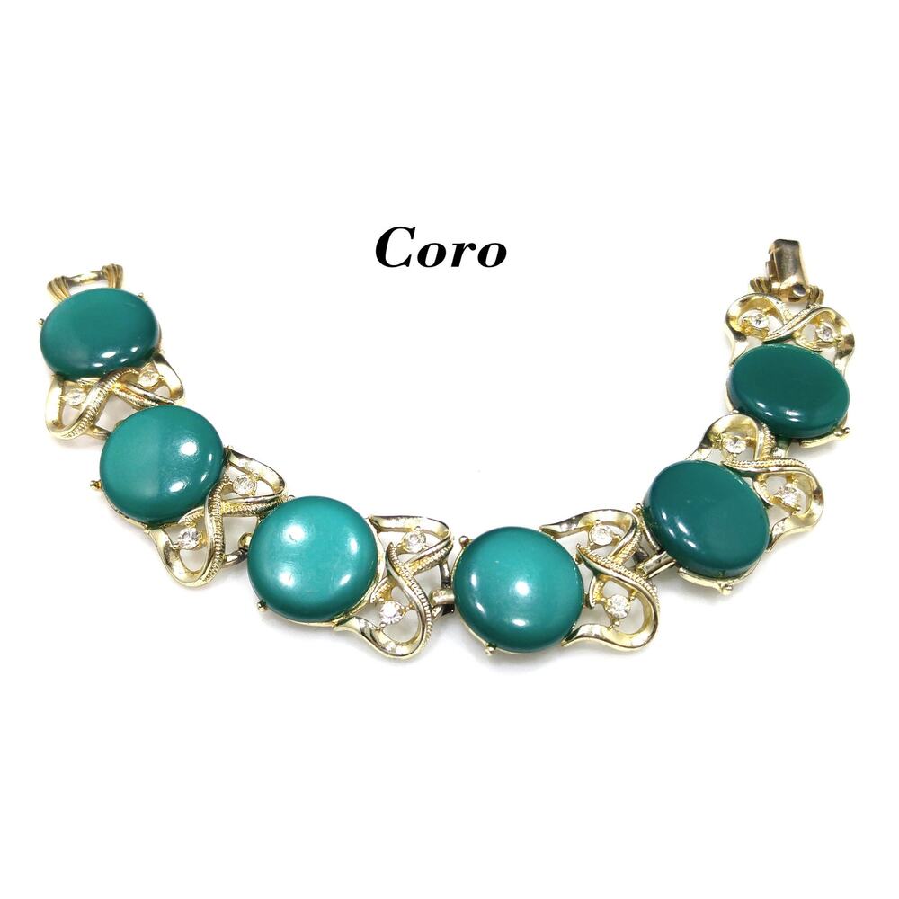 Coro Green Moonglow Lucite Disk Bracelet, Clear Rhinestones, 1950s Vintage